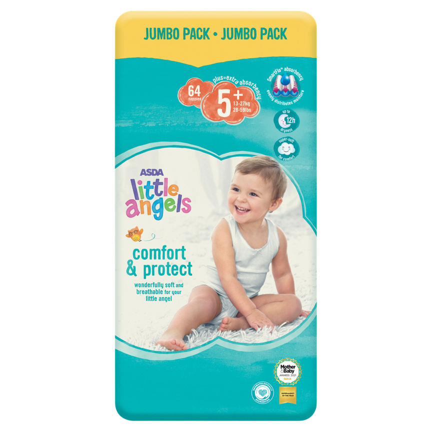 ASDA Little Angels Comfort & Protect Size 5+ Nappies Jumbo Pack - 64pk
